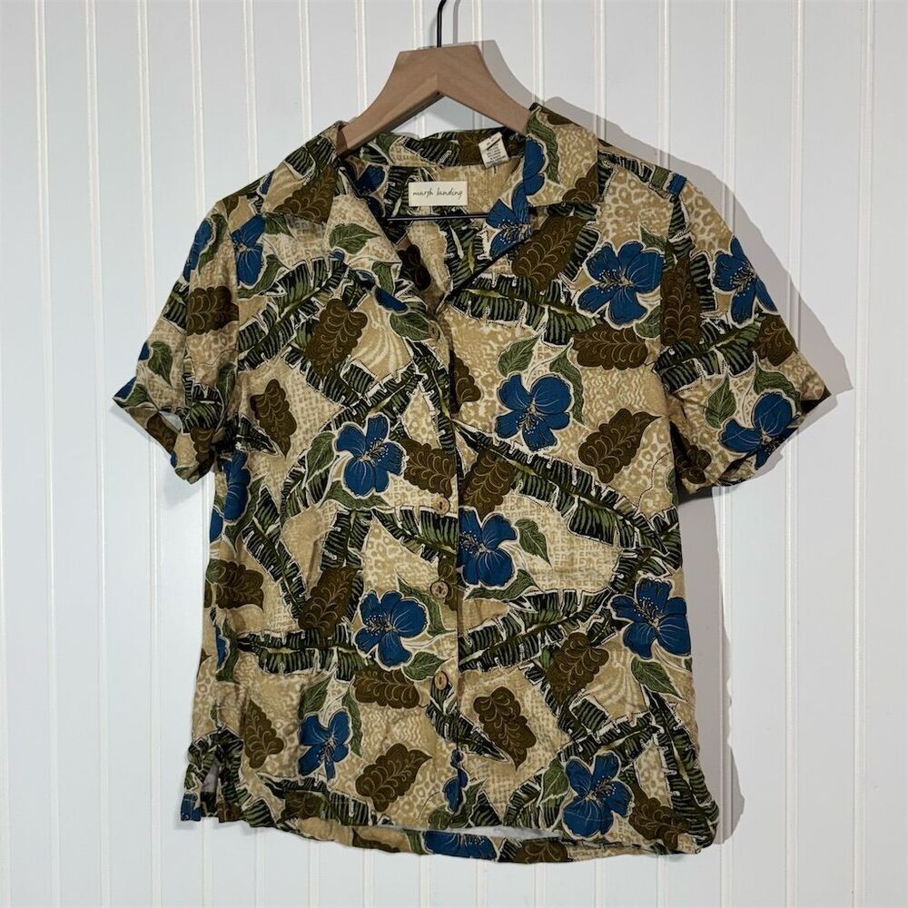 Marsh Landing Rayon‎ Hawaiian Shirt Small Blue Green Floral Tropical Button Up